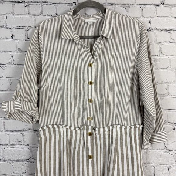 J Jill Linen Stripe Shirtdress Midi Dress Women M Pockets Preppy Beach Lagenlook - Picture 7 of 16